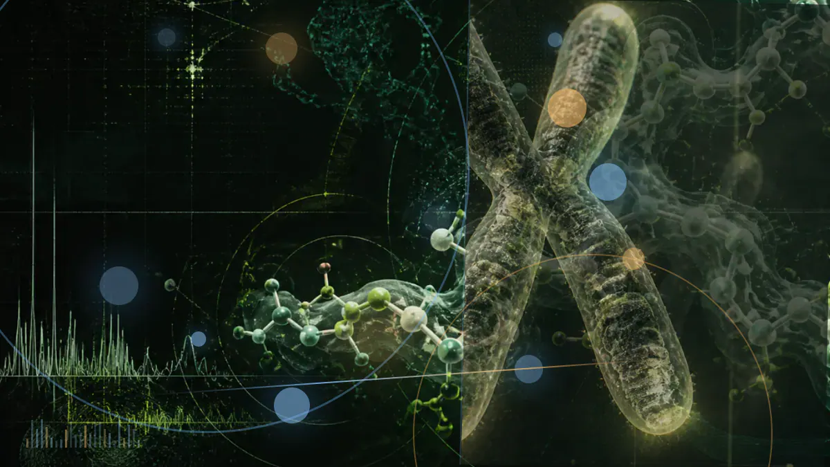 Conceptual biomedical illustration connecting a blood biomarker, a DNA strand and neural networks, without depicting a validated diagnostic test.