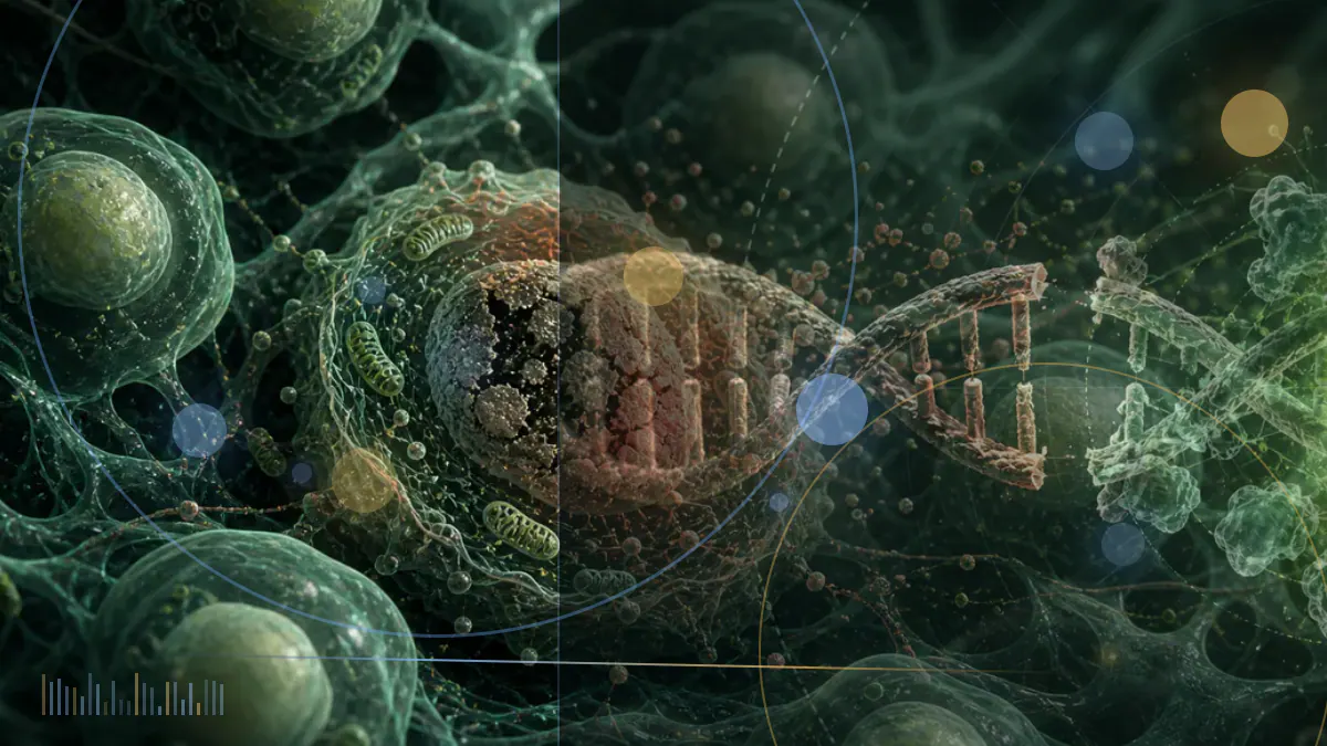 Conceptual biomedical illustration of an older adult’s cardiovascular system alongside cholesterol particles, a statin tablet and measures of physical and cognitive function