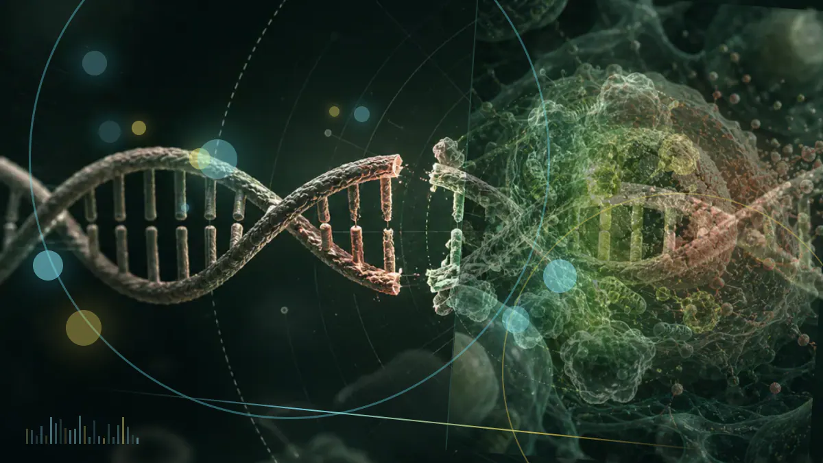 Conceptual biomedical illustration of a peptide-linked drug and molecular interactions near tumor cells; not an experimental image.