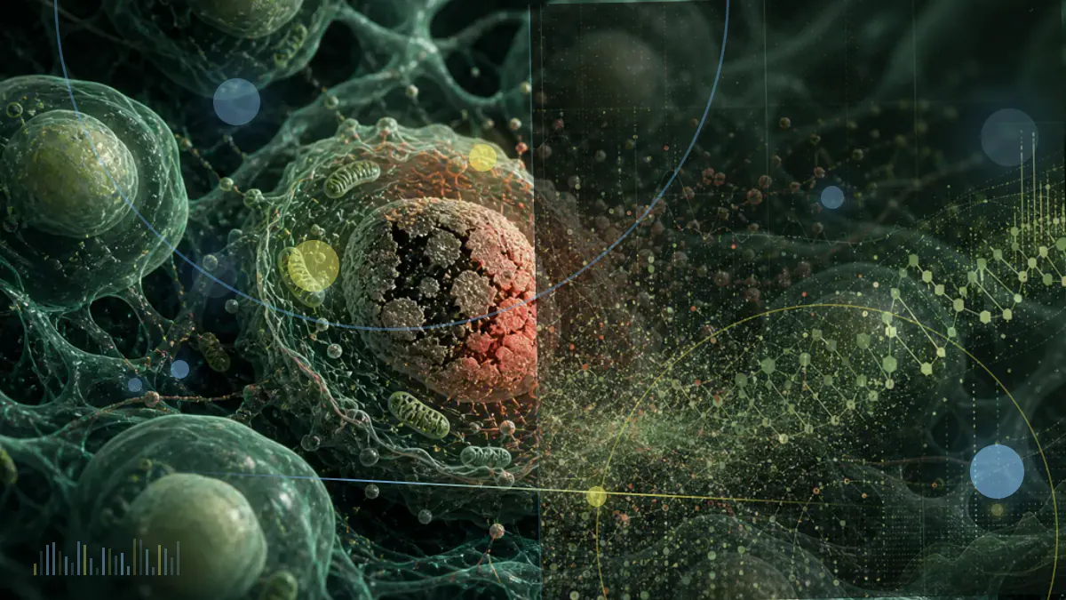 Conceptual illustration of diverse blood cells alongside DNA methylation patterns and an abstract aging clock