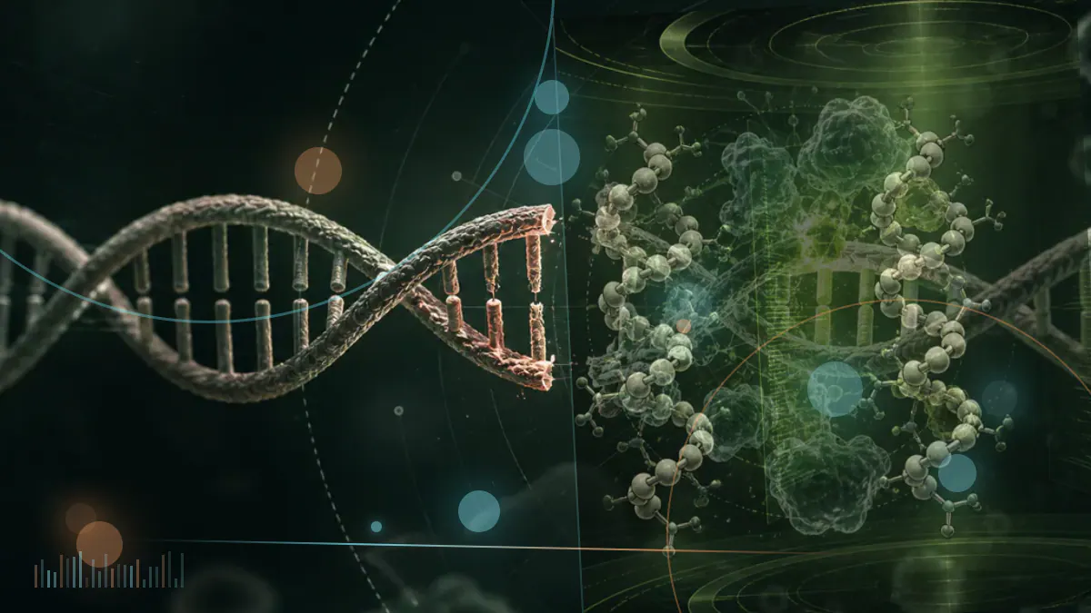 Conceptual illustration of a peptide molecular chain beside abstract clinical-record data, representing research on documented peptide use.