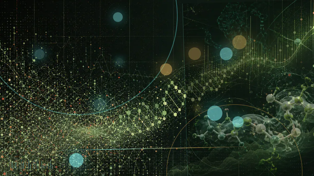 Conceptual biomedical illustration of brain networks alongside gut microbes and molecular forms, representing research into their associations.