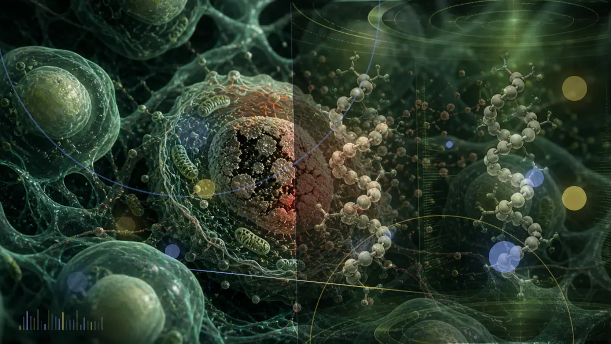 Conceptual illustration of peptide molecules alongside a heart and blood vessels, representing cardiovascular outcomes research.