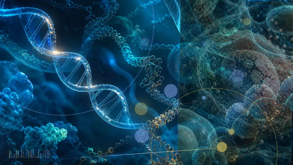 Conceptual biomedical illustration of lung tissue, metabolic molecules and chromatin, representing research on metabolism and tumor growth.