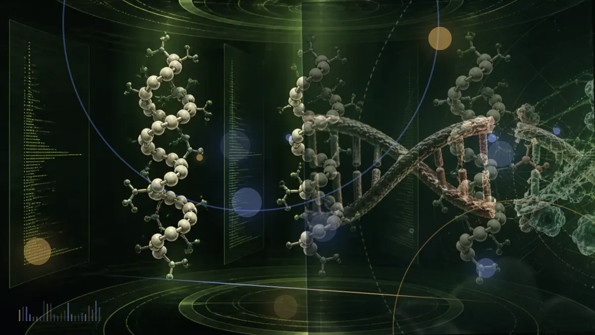 Conceptual biomedical illustration of muscle fibers and molecular signals alongside an abstract weight trajectory, representing cancer cachexia research.