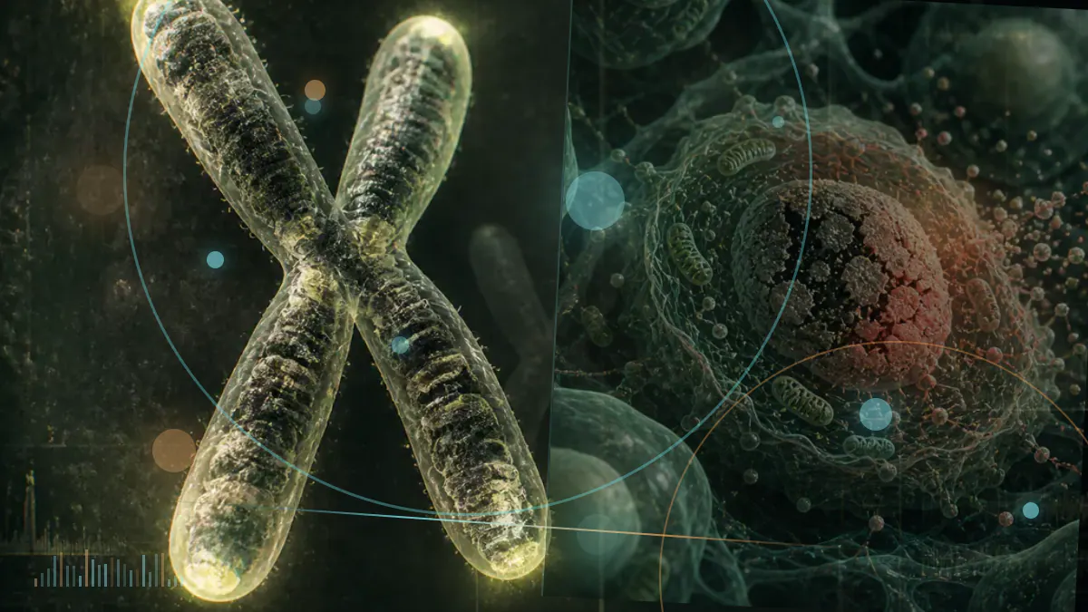Conceptual biomedical illustration of a ring-shaped molecule near cell-cycle regulatory proteins inside a cancer cell; not an experimental image.
