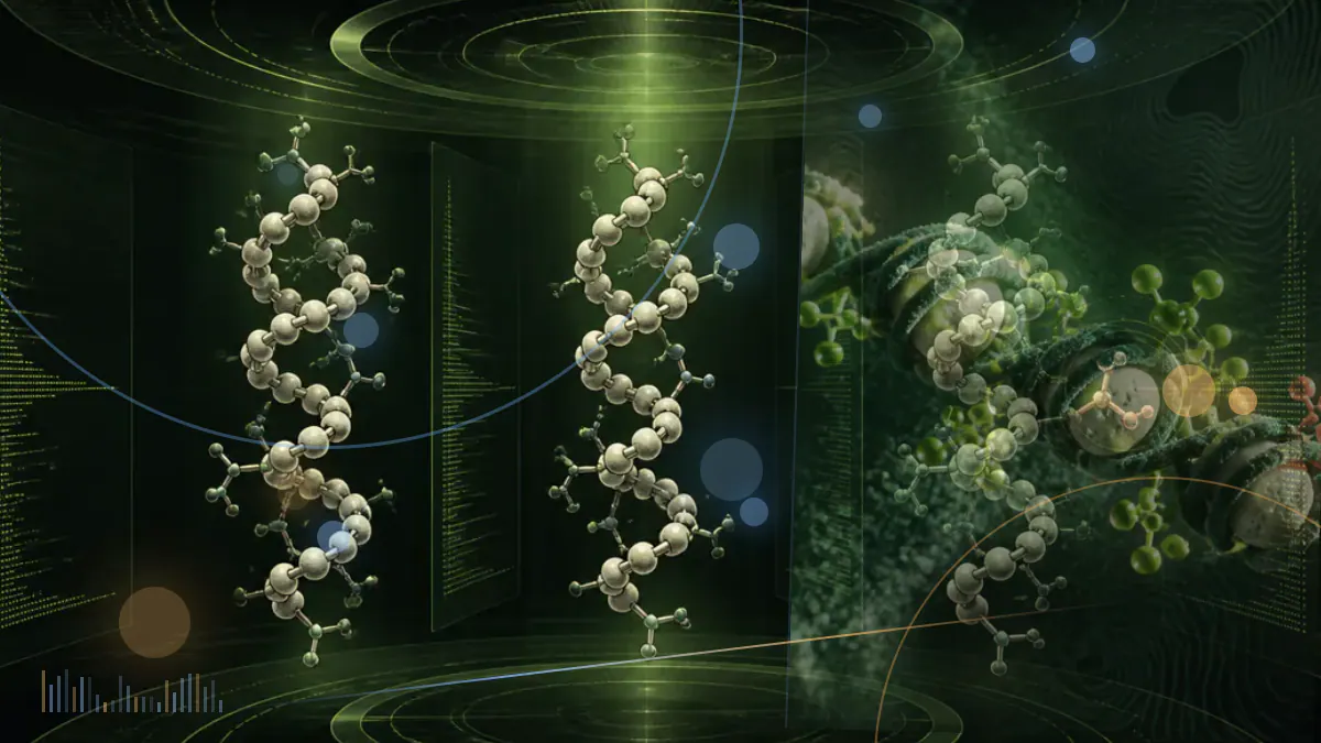 Conceptual illustration of a peptide near folded RNA in a neuronal setting, representing experimental Huntington’s disease research.