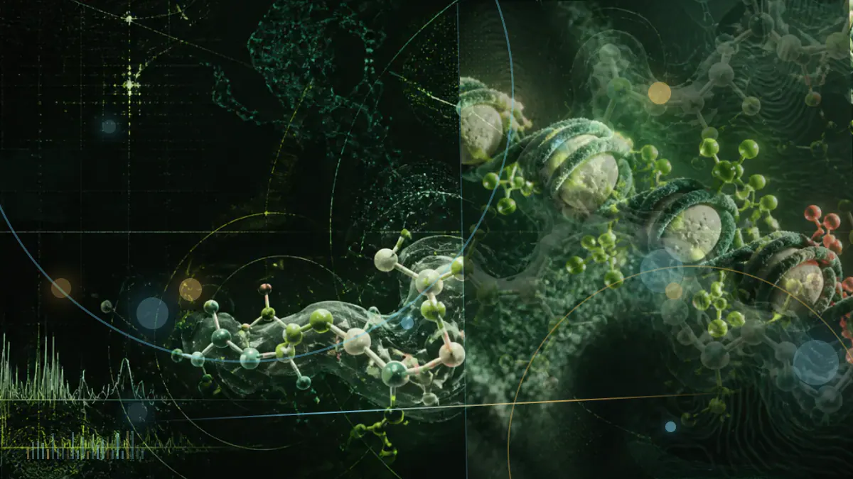 Conceptual biomedical illustration of DNA methylation marks and molecular patterns associated with nutrition and aging; not experimental imagery.