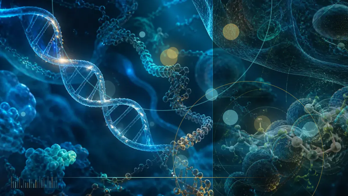 Conceptual biomedical illustration of a peptide structure beside the porous architecture of bone; not a clinical scan or measured treatment result.