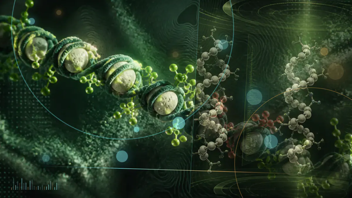 Conceptual biomedical illustration of an egg cell, mitochondria and peptide molecules; not an experimental image.