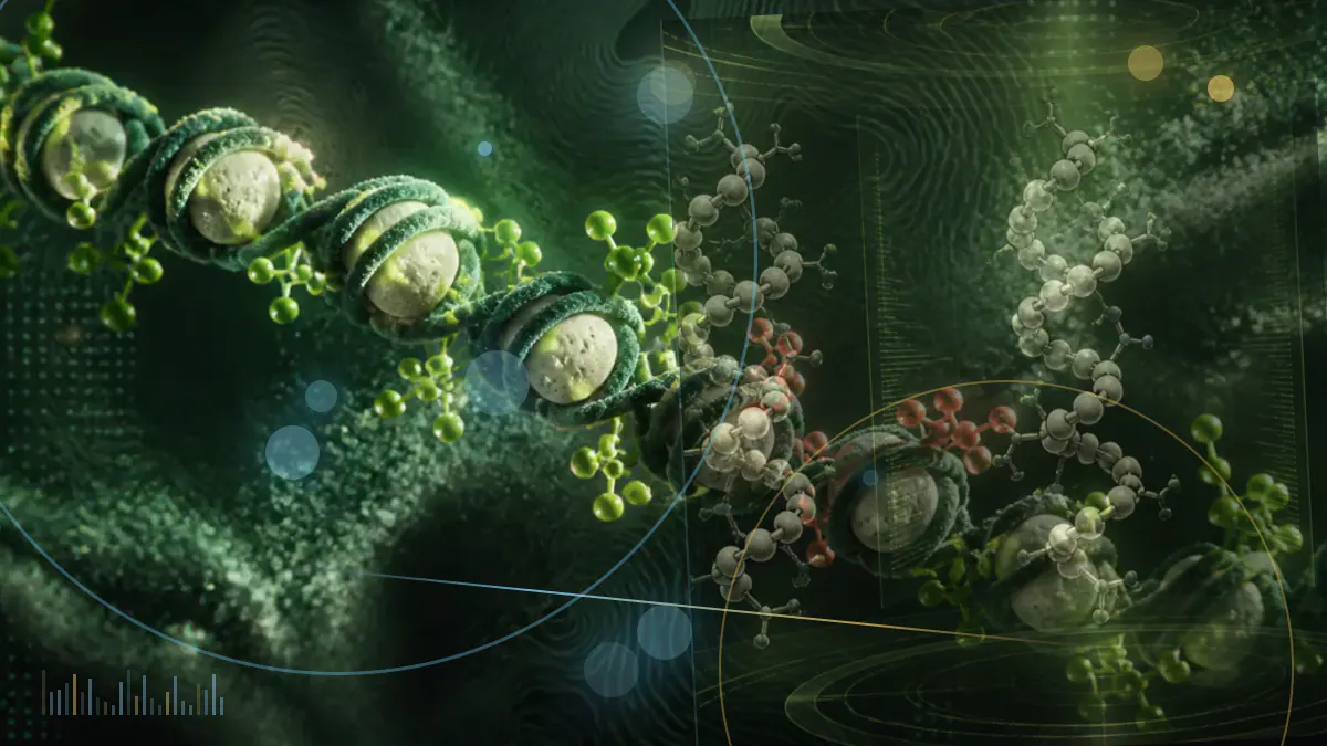 Conceptual biomedical illustration of immune cells near colon tumor cells with stylized DNA repair structures; not a clinical image or study result.