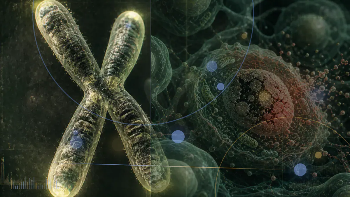 Conceptual biomedical illustration of molecular structures connected to stages of laboratory research and clinical evaluation.