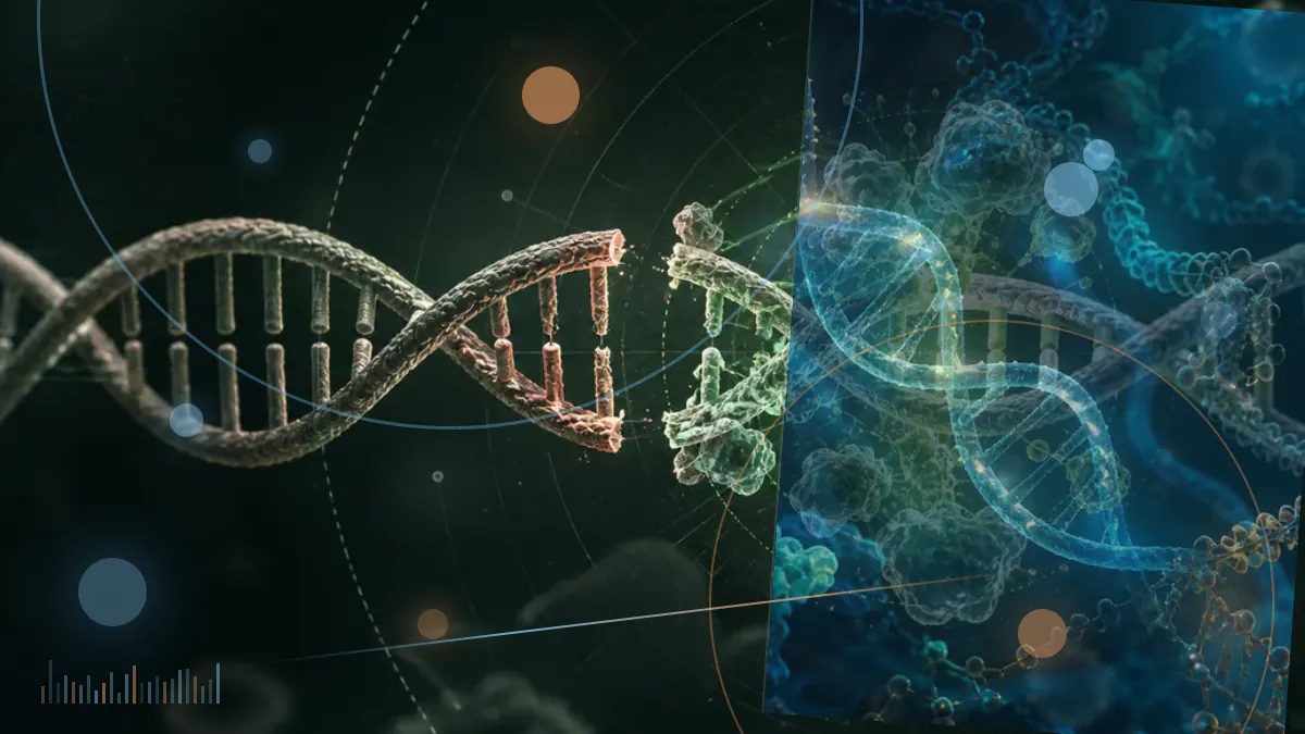 Conceptual biomedical illustration of circulating DNA fragments and methylation markers in a blood vessel beside an aging cell