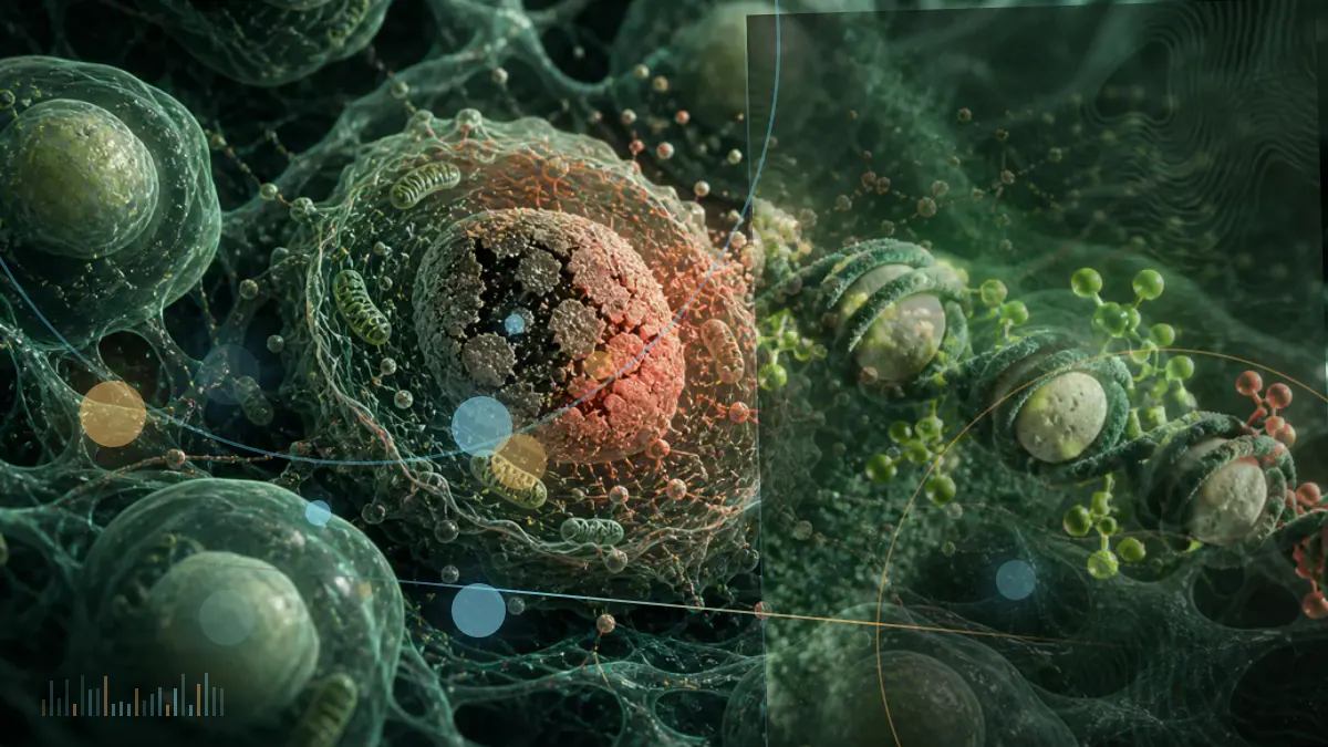 Conceptual illustration of human organs connected by genetic patterns, representing research on biological aging; not a diagnostic image.