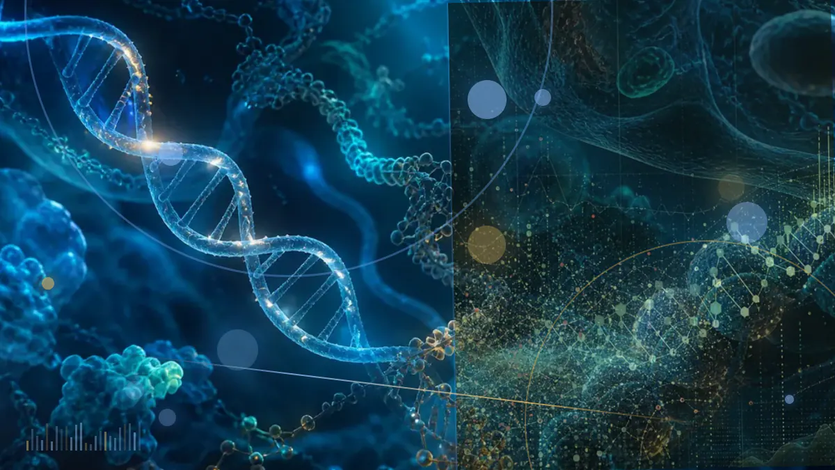 Conceptual illustration of neurons and supporting glial cells representing gene-activity patterns in the aging human brain; not experimental microscopy.
