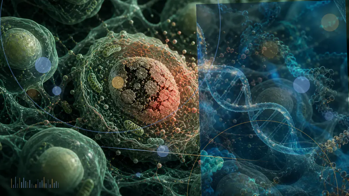 Conceptual biomedical illustration of ovarian tissue, protein networks and cellular signaling associated with aging after menopause.