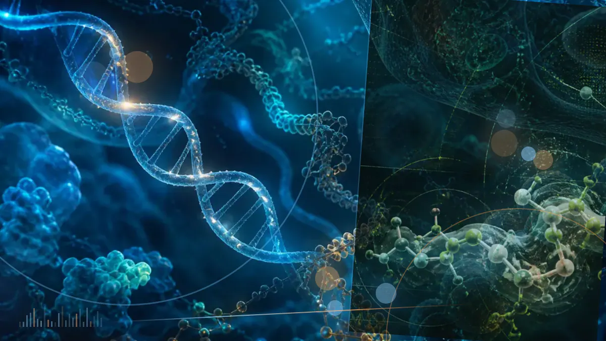 Conceptual biomedical illustration of molecular signaling alongside neural networks, representing investigational brenipatide research.