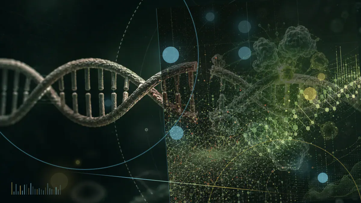 Conceptual illustration of molecular aging data connected to a computational network, representing AI analysis of biological measurements.