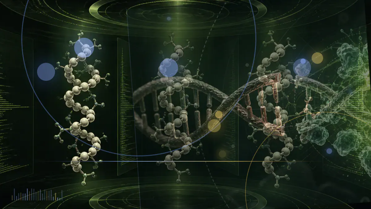 Conceptual biomedical illustration of circulating proteins and neural networks representing research into menopause and brain aging.