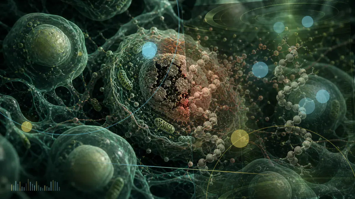Conceptual biomedical illustration of hormone signaling networks connected to a computational model of human physiology.