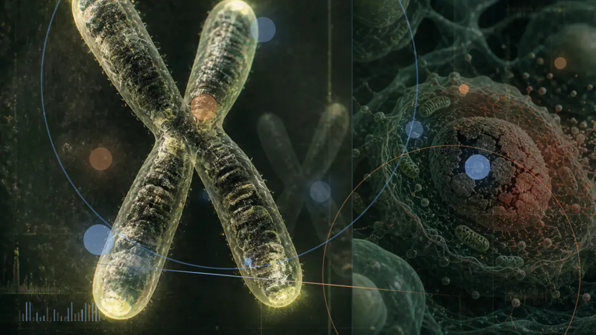 Conceptual biomedical illustration of mitochondrial DNA escaping within an aging oocyte and transmitting inflammatory signals to surrounding granulosa cells