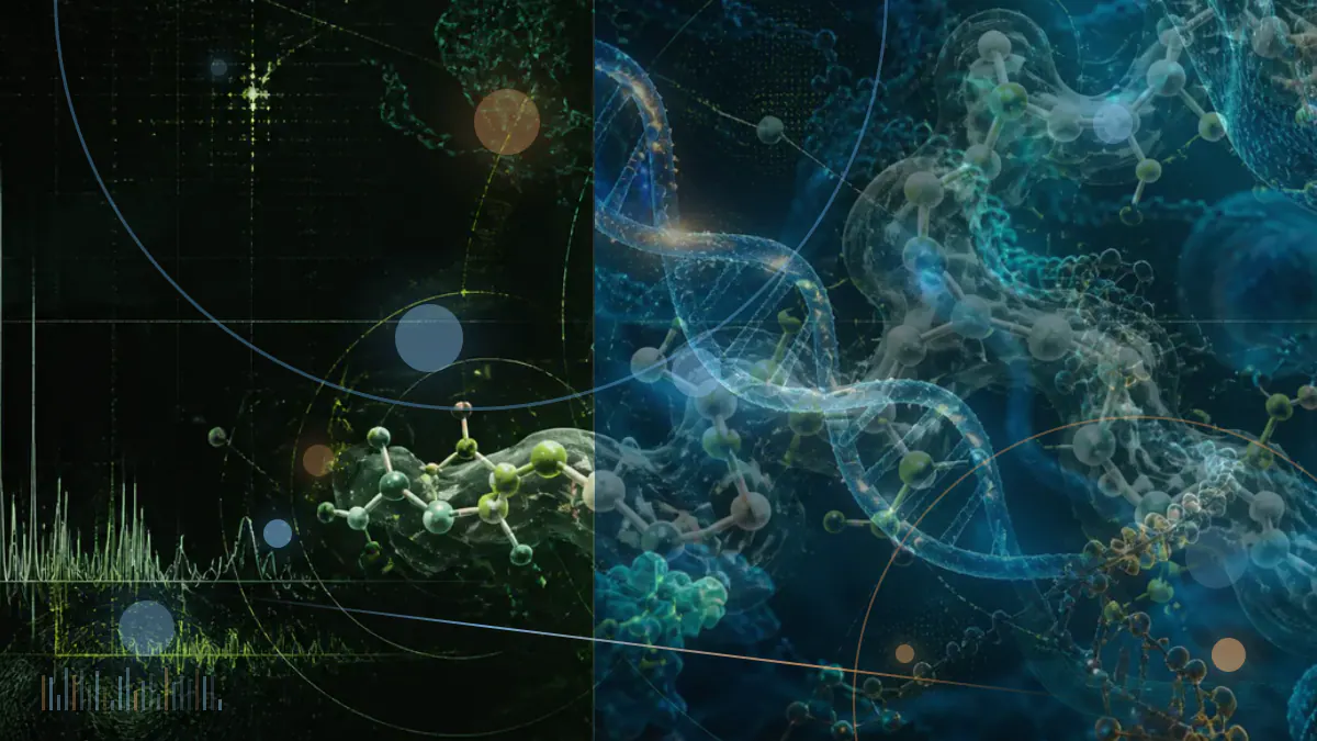 Conceptual illustration of peptide structures beside stylized cancer cells, representing laboratory research rather than clinical results.
