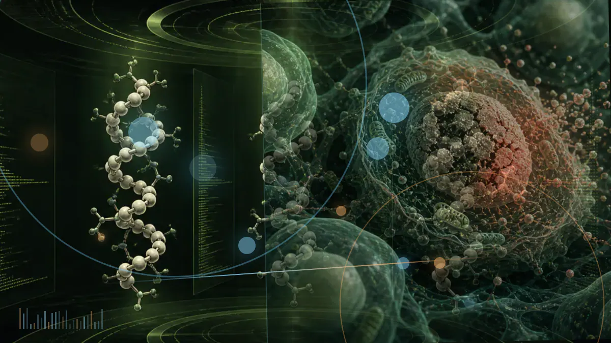 Conceptual illustration of peptide chains and branching molecular designs, representing computational selection of research candidates.