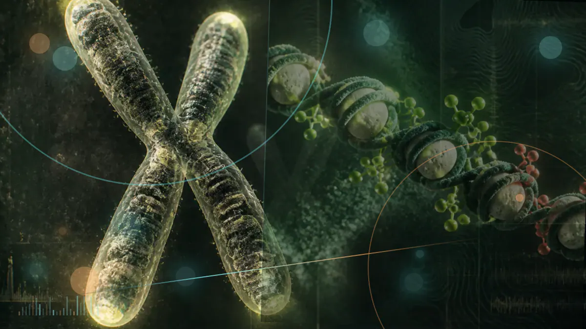 Conceptual biomedical illustration of glycine molecules, blood plasma and cellular redox pathways associated with biological-age biomarkers