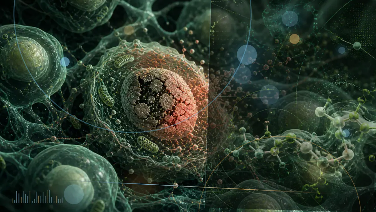 Conceptual biomedical illustration of a peptide-linked radioactive payload approaching receptors on a tumor cell; not a clinical image or evidence of treatment benefit.