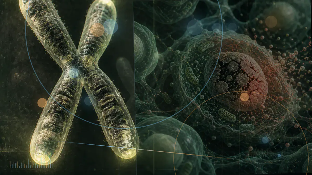 Conceptual biomedical illustration of X and Y chromosomes within cells, representing research into chromosome activity and aging.