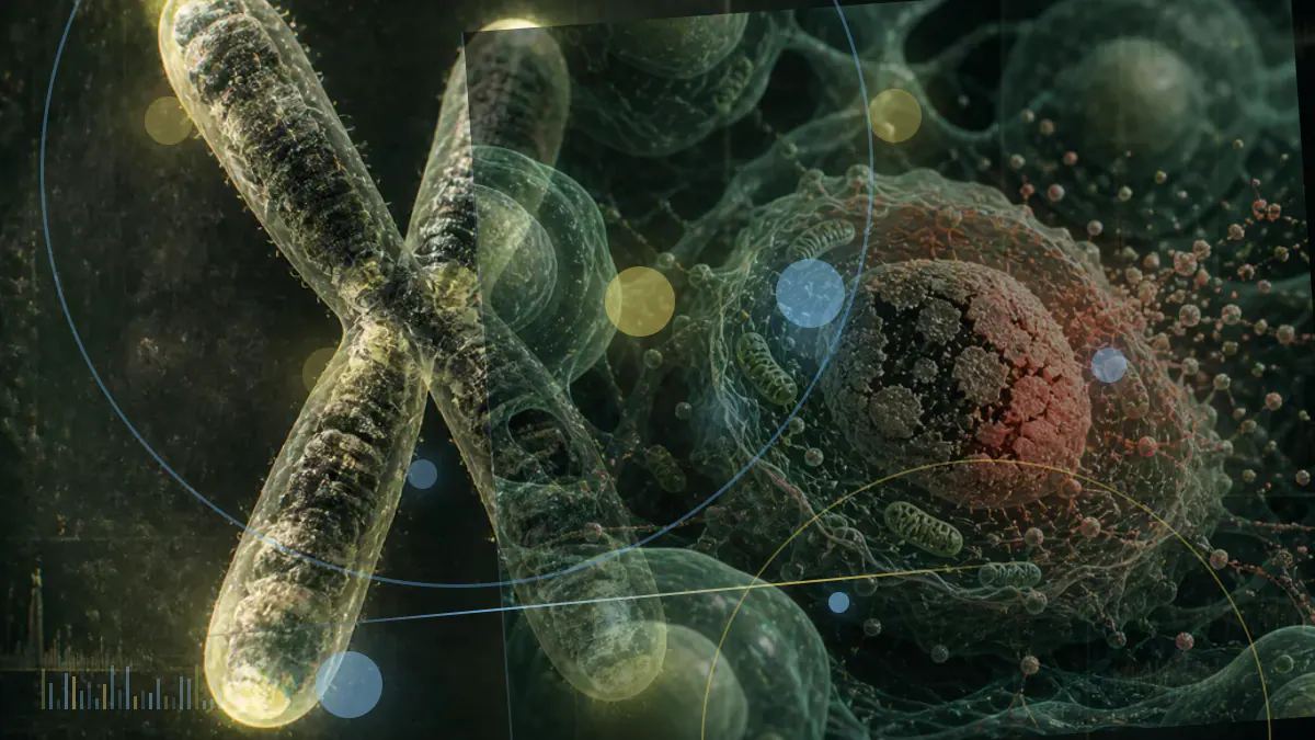 Conceptual biomedical illustration of molecular networks connecting organ systems and biological-aging measurements.