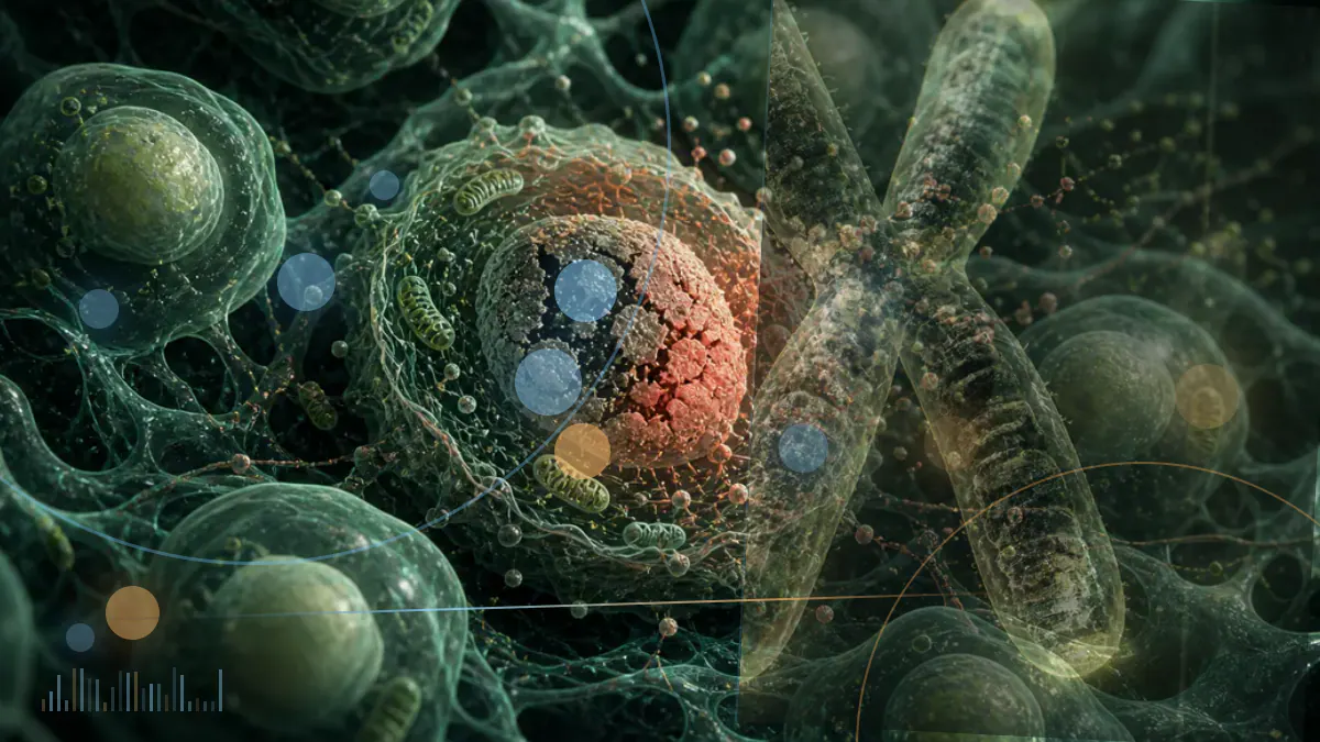 Conceptual biomedical illustration of slow electrical waves spreading across a brain alongside stylized tau proteins; not a patient scan or experimental image.