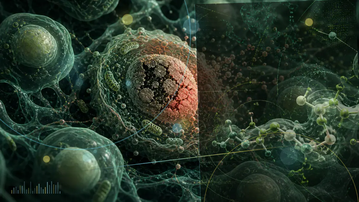 Conceptual biomedical illustration of an older adult walking as interconnected muscle, heart, lung and brain markers represent multiple chronic conditions