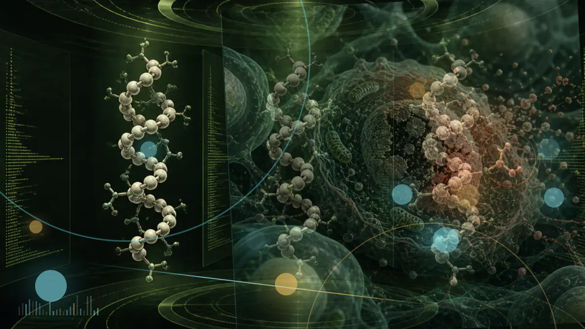 Conceptual biomedical illustration of RNA processing within a cell, representing research into SRSF1 and aging.