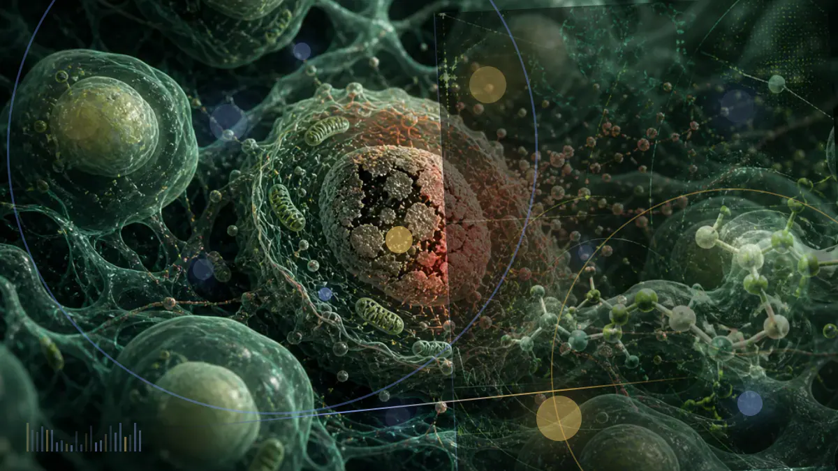 Conceptual illustration of a peptide vaccine interacting with immune cells near a stylized brain tumor; not clinical imaging or experimental evidence.