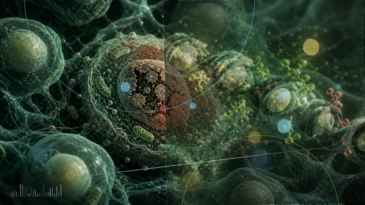 Conceptual illustration of a circular peptide near a neuron, with stylized mitochondria and lysosomes; not experimental imaging.