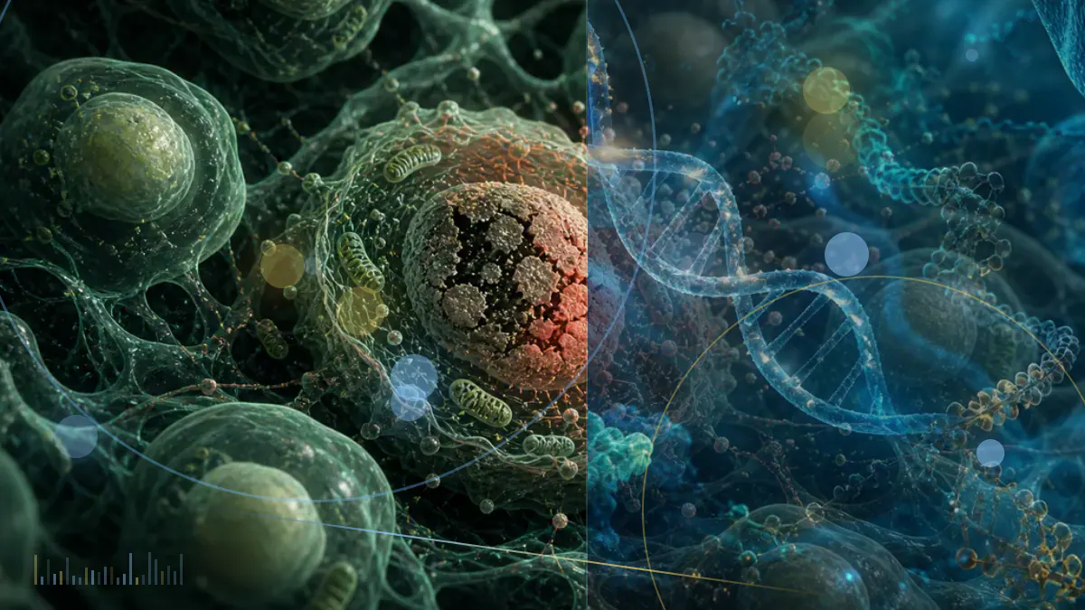 Conceptual biomedical illustration of peptide molecules and a laboratory vial undergoing ingredient analysis; not the investigated product.