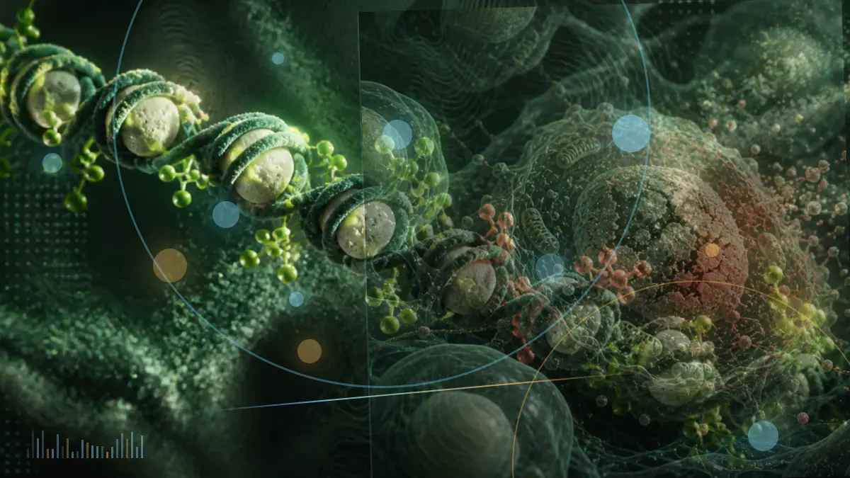 Conceptual illustration of a peptide interacting with cell-surface receptors beside a timeline representing weight-maintenance research