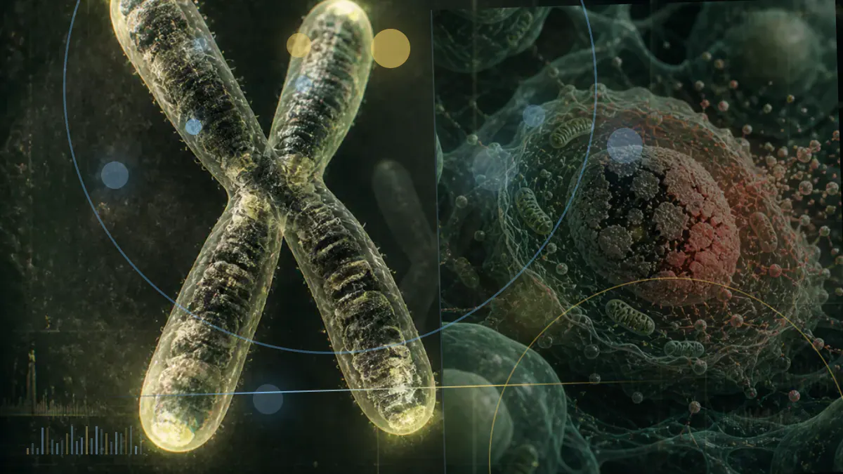 Conceptual biomedical illustration of environmental particles and cellular structures representing research into environmental exposure and aging.